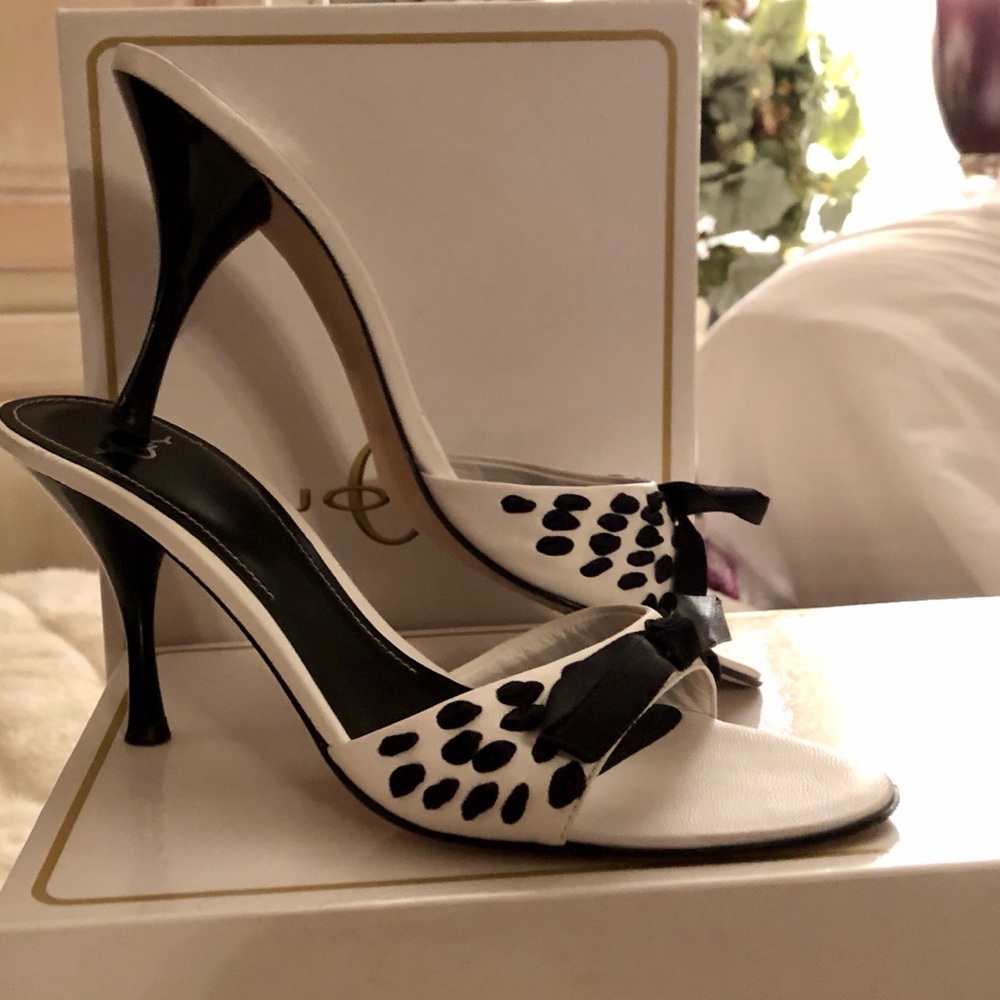 Joey O Heels Mules Open Toe Black & White 7.5
